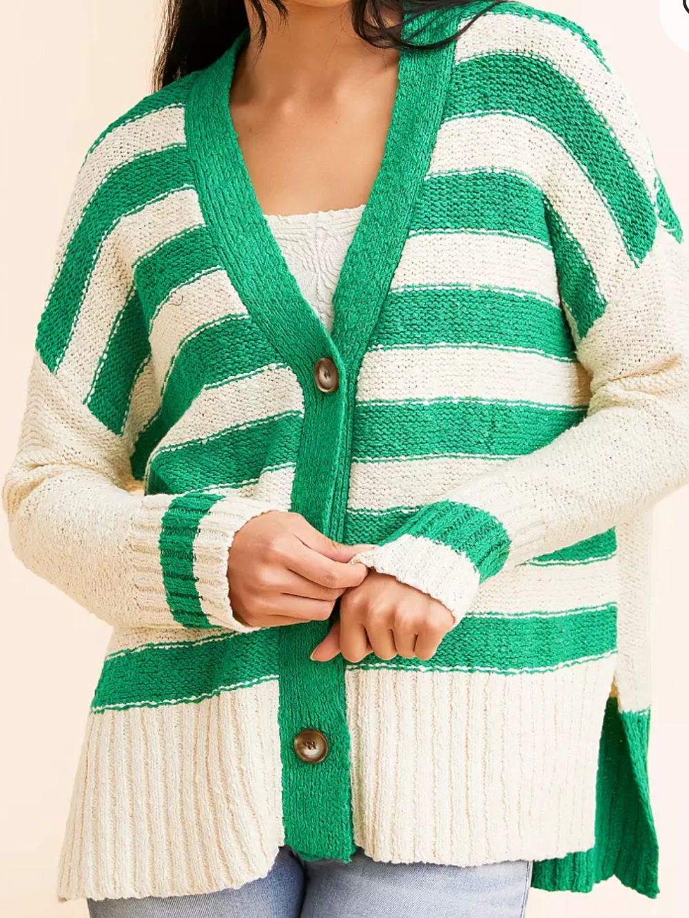 Veveret striped cardigan sweater cream green knit jumper long sleeve top Buckle